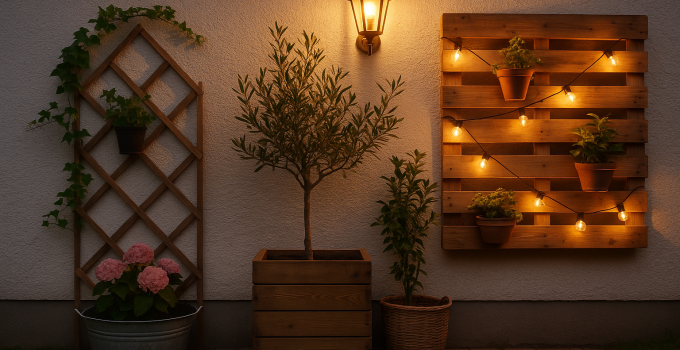 Diese Hauswand Deko Außen mit Pflanzen und Licht macht deinen Garten sofort gemütlicher