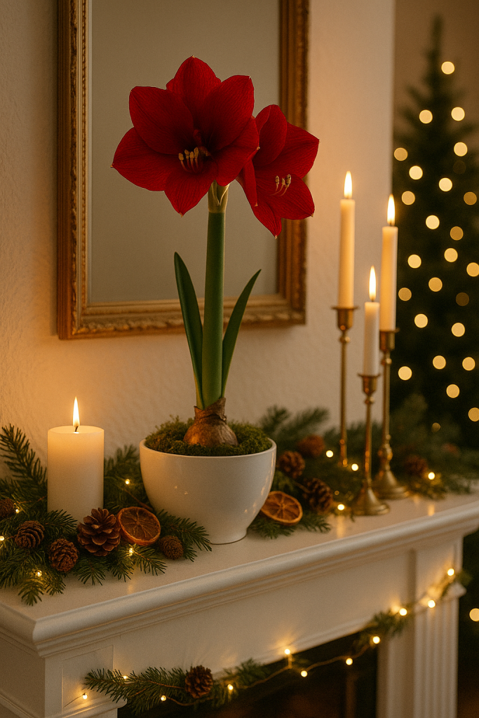 Amaryllis Deko auf dem Kamin oder Kaminsims