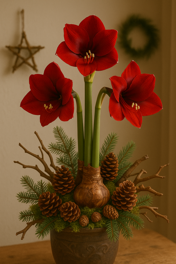 Amaryllis & Naturmaterialien – Waldige Weihnachtsstimmung