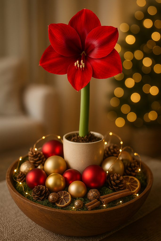 Amaryllis & Weihnachtskugeln in einer Deko-Schale