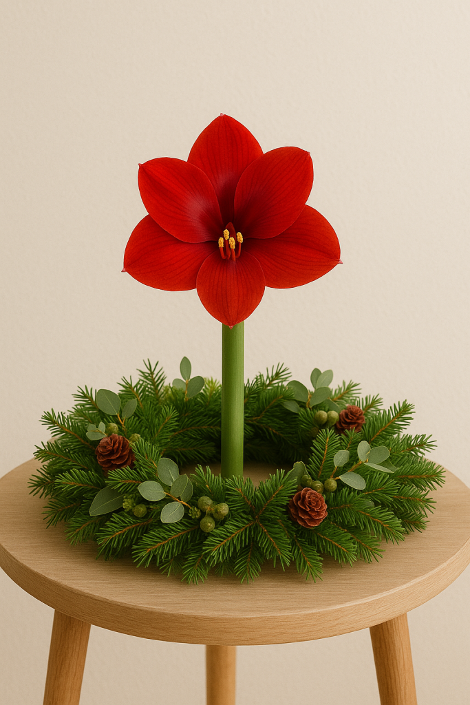 Amaryllis als Mittelpunkt eines Kranzes