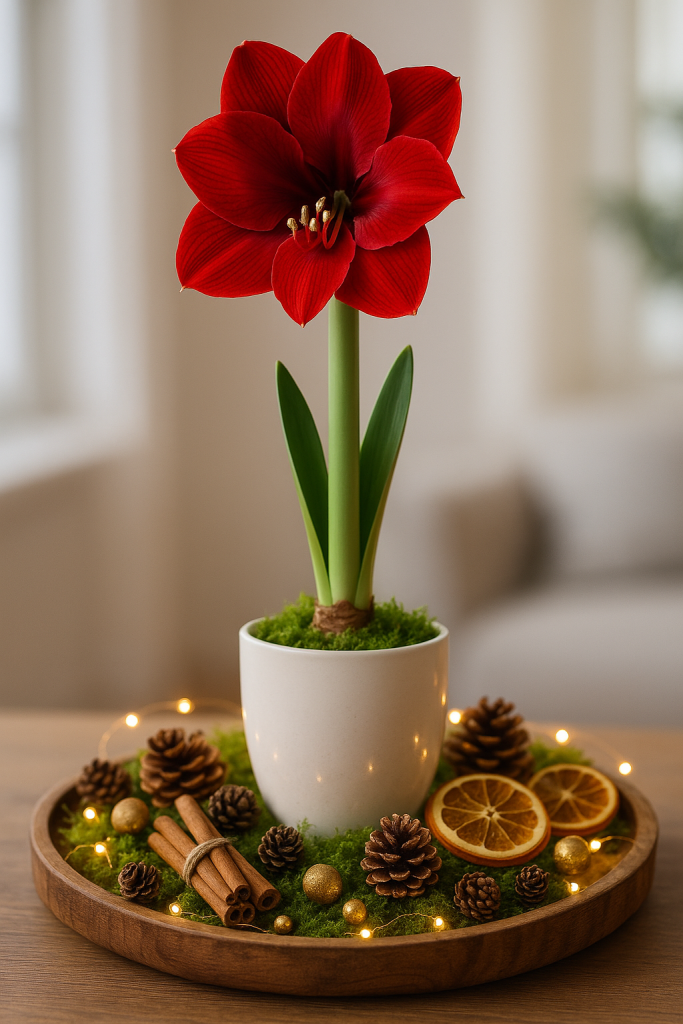 Amaryllis auf Holztablett arrangiert