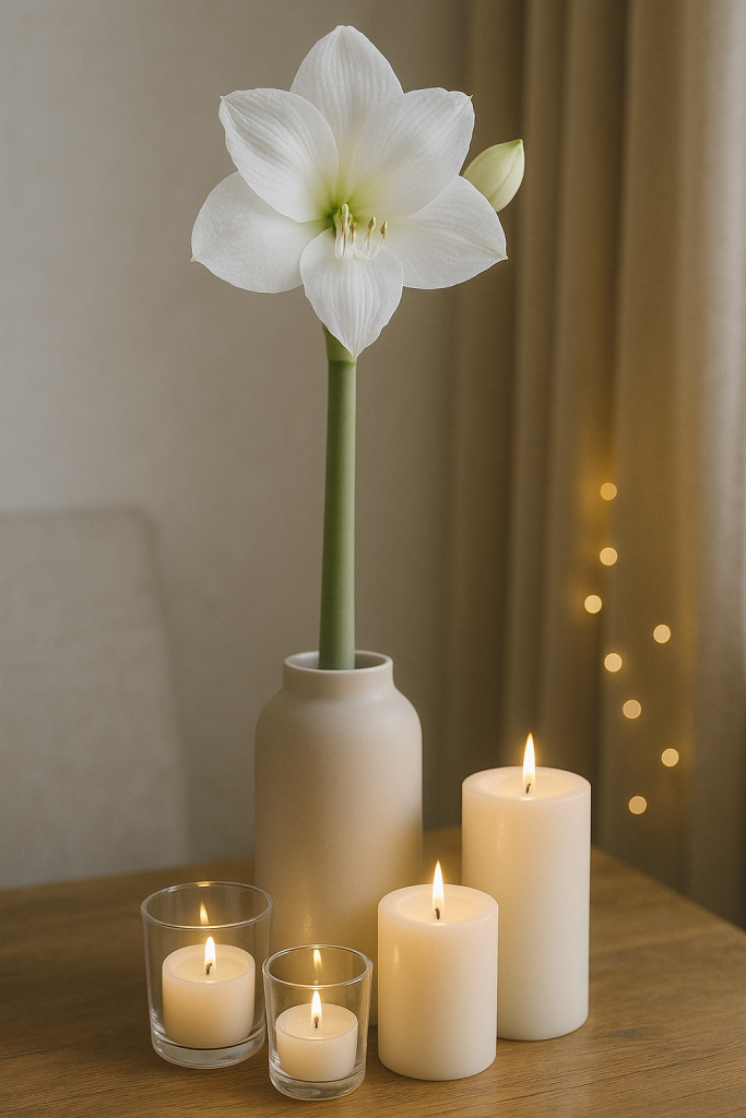 Amaryllis mit Duftkerzen kombiniert – Gemütliche Atmosphäre