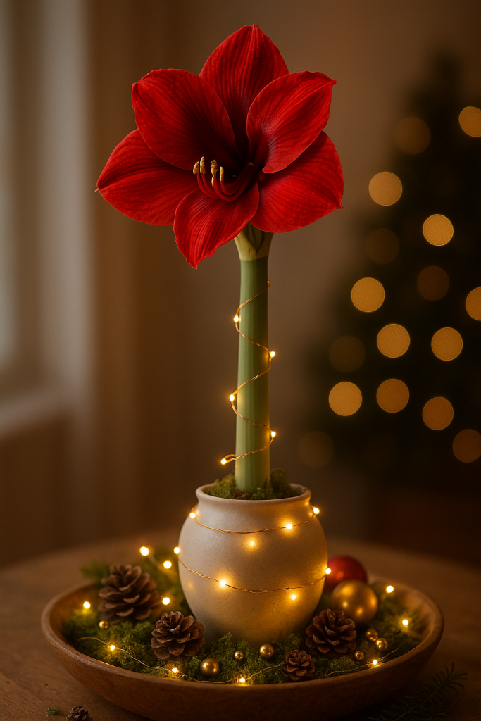 Amaryllis mit Mini-Lichterkette umwickelt