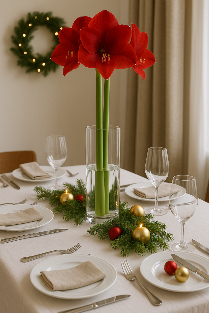 Elegante Tischdeko mit langen Amaryllis-Stängeln