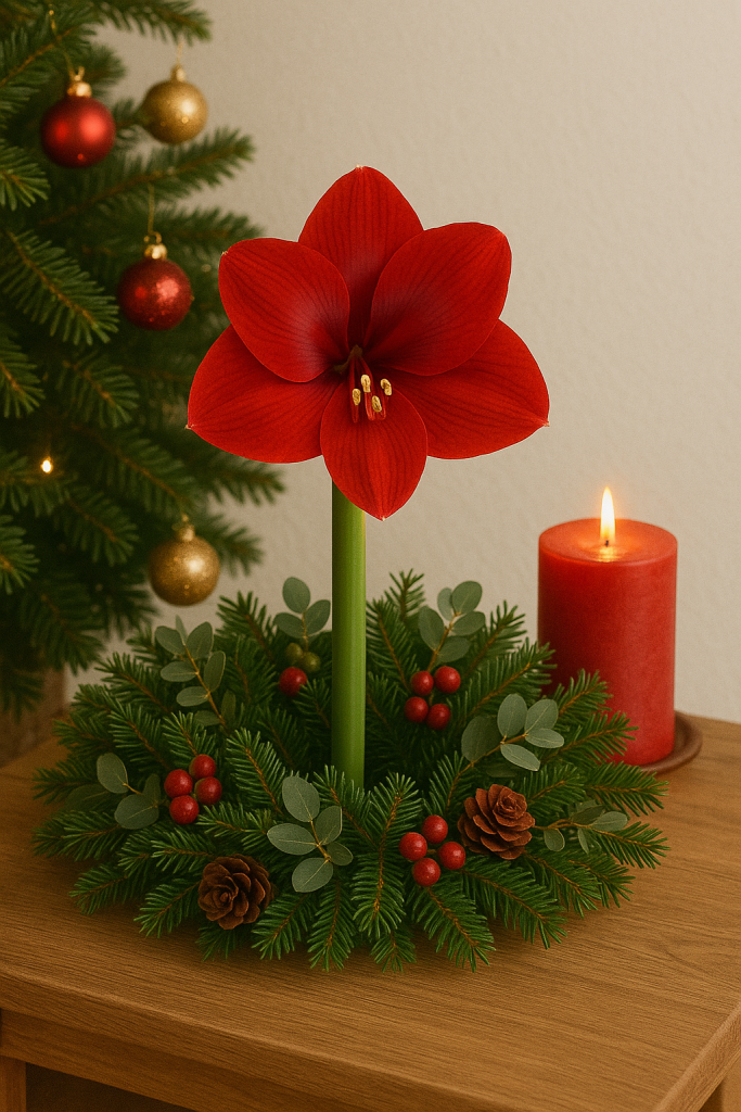 Klassische Weihnachtsdeko mit roter Amaryllis