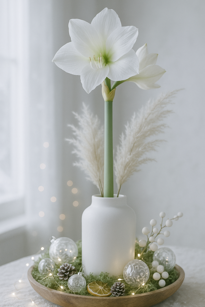 Winterlich-elegante Deko mit weißen Amaryllis