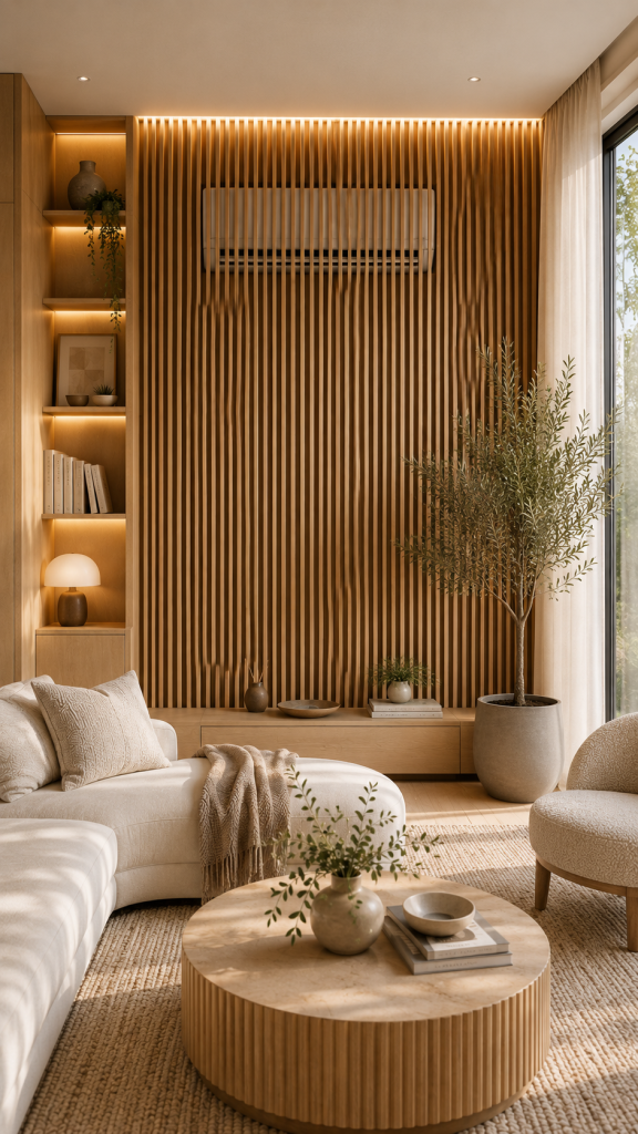 🥇 Platz 1 Moderne Holzlamellen als elegante Klimaanlage verstecken Lösung