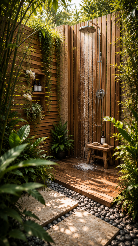 🏆 Platz 1 Natürlicher Gartendusche Ideen Sichtschutz mit Holz und Pflanzen