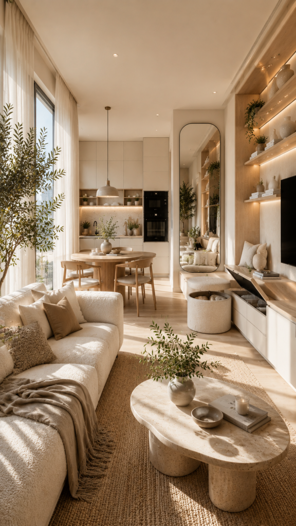 🥇 Platz 1 Kleine Wohnung mit heller Farbpalette und multifunktionalen Möbeln