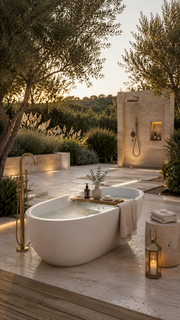 🥇 Platz 1 Moderne freistehende Badewanne im Freien mit minimalistischer Luxusgestaltung