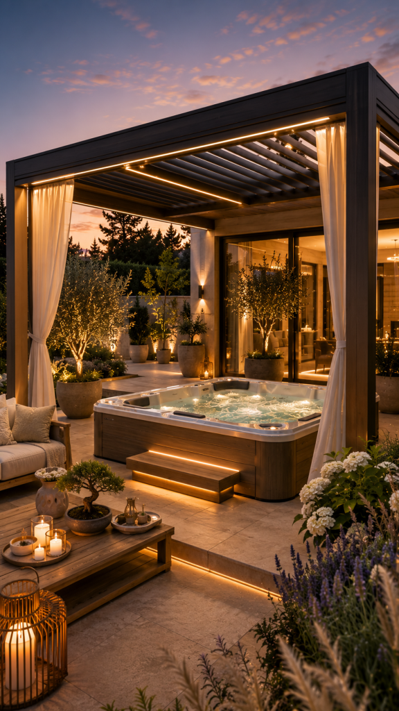 🥈 Platz 2 Moderne Whirlpool Ideen mit Pergola und stilvoller Ambientebeleuchtung