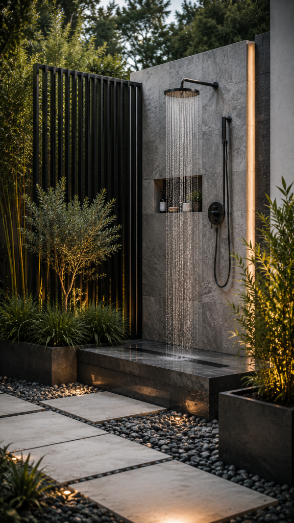 🥈 Platz 2 Moderner Gartendusche Ideen Sichtschutz aus Stein und Metall