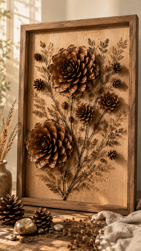 🥇 Platz 1 Botanische Tannenzapfen Kunst als dreidimensionales Blütenrelief