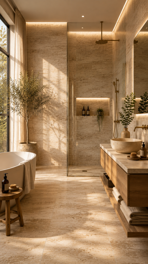🥇 Platz 1 Natürliche Bad Fliesen in Travertinoptik für eine warme Spa Atmosphäre