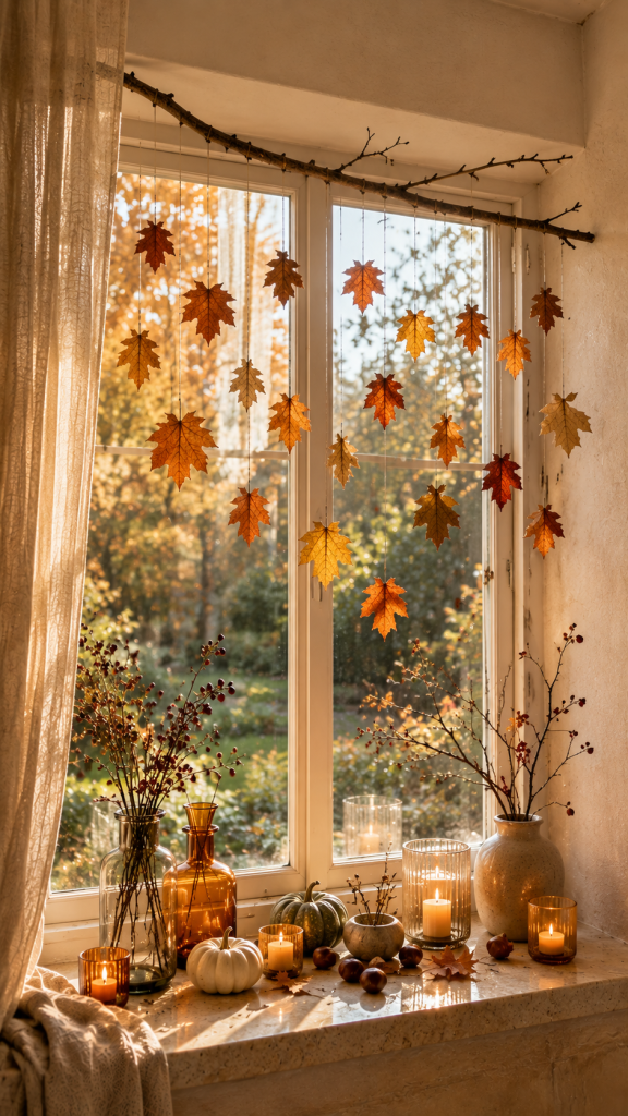 🥇 Platz 1 Schwebende botanische Fensterdeko Herbst mit Zweigen und Blättern