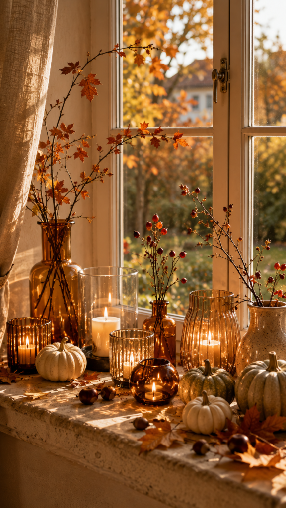 🥈 Platz 2 Elegante leuchtende Fensterdeko Herbst mit Kerzen Glas und kleinen Kürbissen