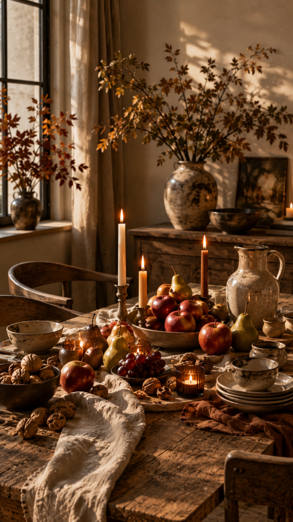 🥈 Platz 2 Herbstliche Erntetafel mit Früchten Keramik und warmem Kerzenlicht