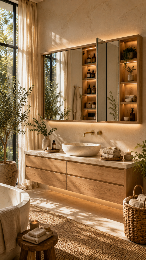 🥈 Platz 2 Natürlicher Spiegelschrank Badezimmer mit Holz und Spa Atmosphäre