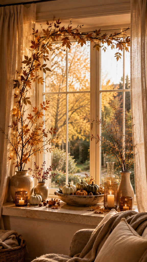 🥉 Platz 3 Luxuriöse Fensterdeko Herbst als gerahmte Naturkulisse mit Leinen und Licht