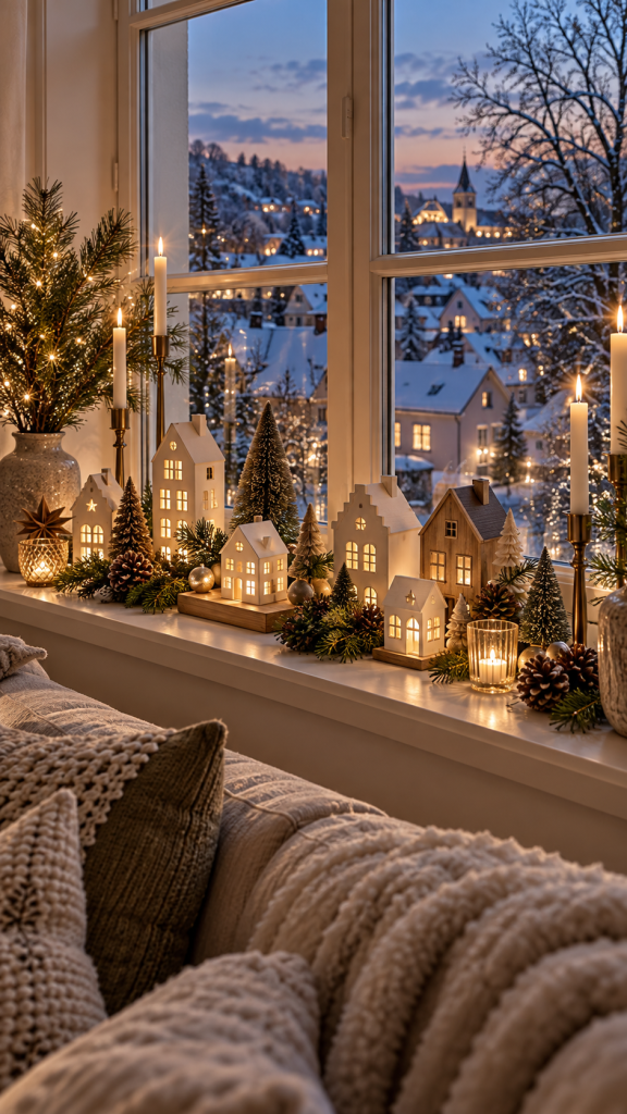 Platz 1 Fensterbank dekorieren Weihnachten mit einer leuchtenden Winterarchitektur