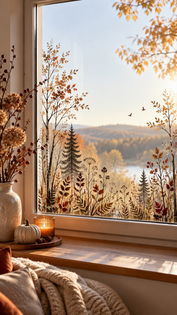 🥇 Platz 1 Fenster bemalen Herbst mit schwebender Waldsilhouette