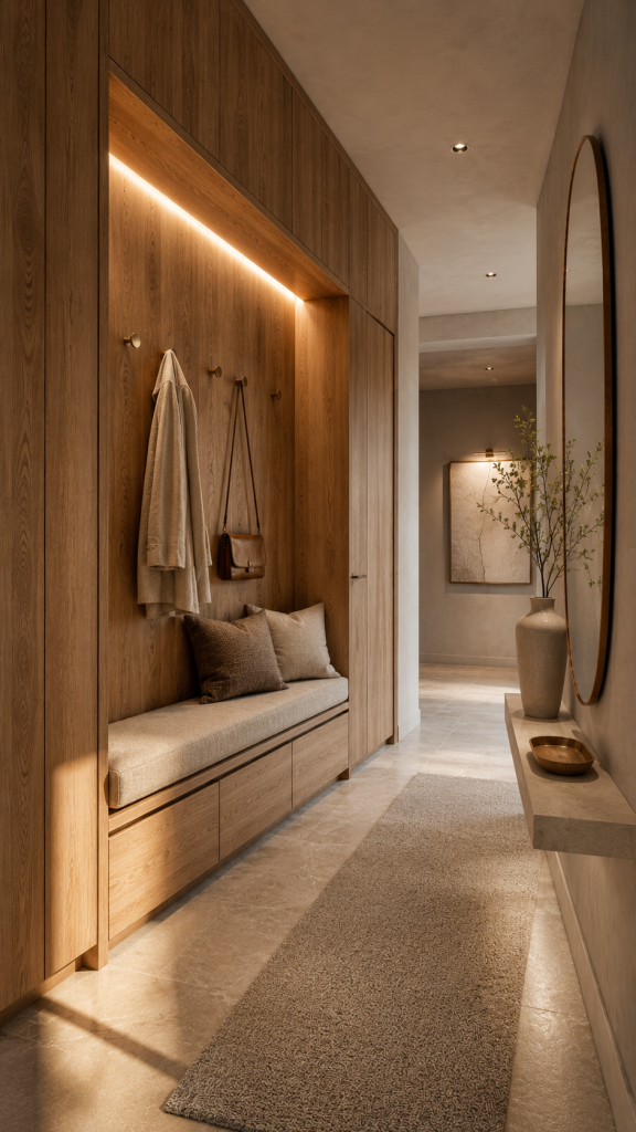 🥇 Platz 1 Flur und Eingangsbereich Ideen mit architektonischer Sitznische und warmem Holz