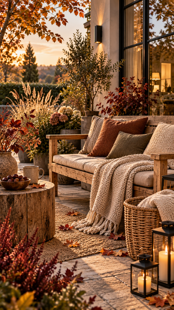 🥈 Platz 2 Herbstliche Outdoor Lounge mit Holz Textilien und ruhigen Erdtönen