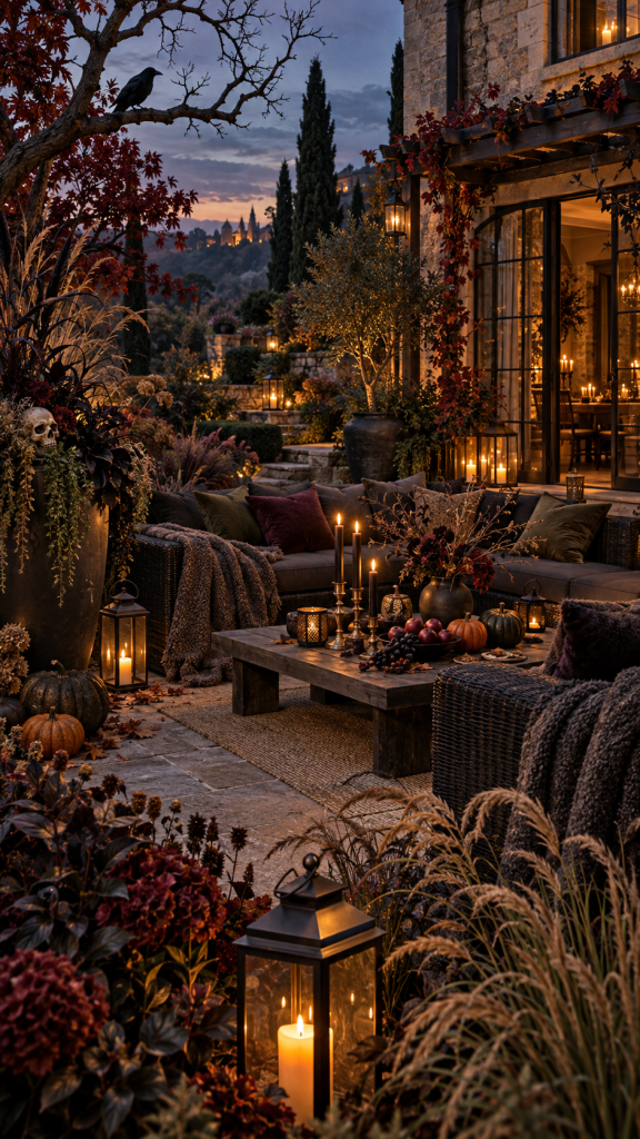 🥉 Platz 3 Dunkler Halloween Herbstgarten mit schwarzer Botanik und eleganter Outdoor Lounge