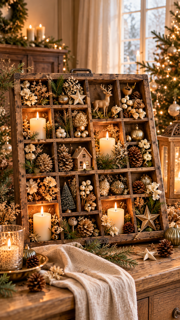 🥇 Platz 1 Adventsgestecke selber machen ohne Kranz im alten Setzkasten mit nostalgischen Weihnachtsdetails