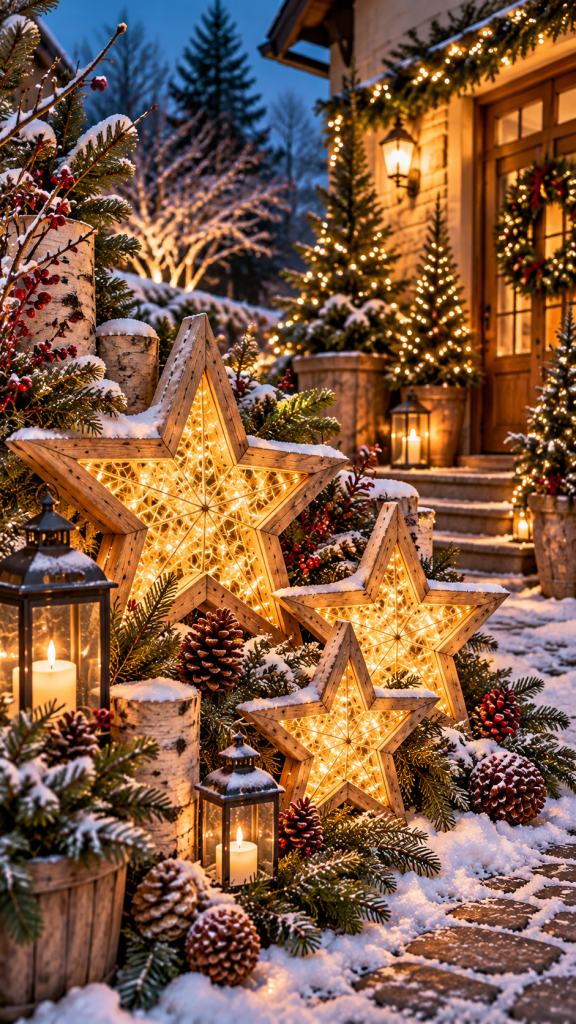 🥇 Platz 1 Außendeko Weihnachten mit leuchtenden Holzsternen und winterlichen Naturmaterialien
