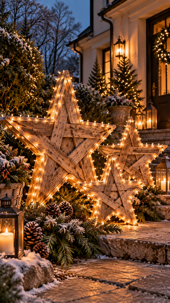 🥇 Platz 1 DIY Weihnachtsdeko draußen mit leuchtenden Holzsternen aus Altholz