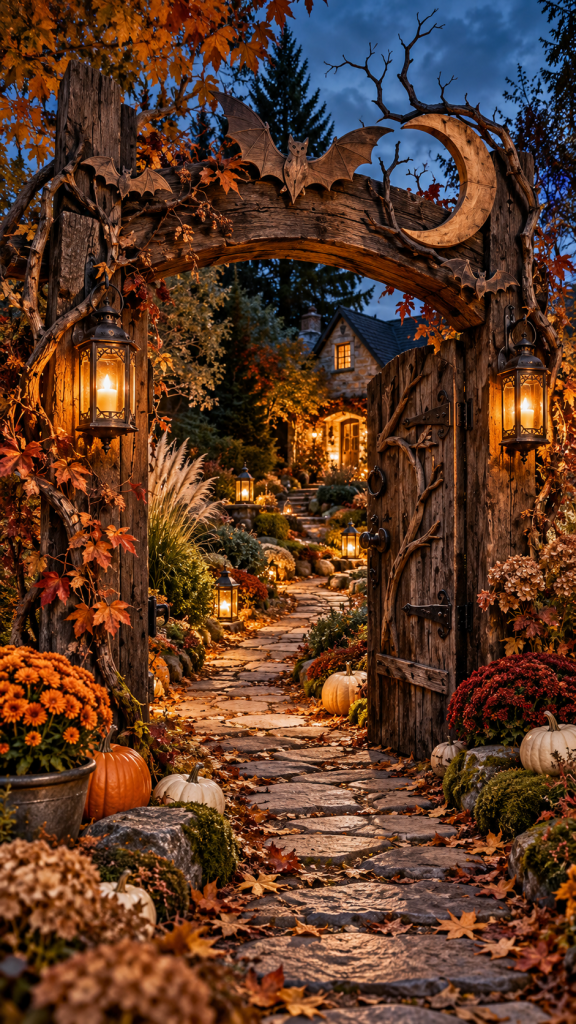 🥇 Platz 1 Halloween Außendeko aus Holz als geheimnisvolles Holztor mit verwunschenem Waldweg