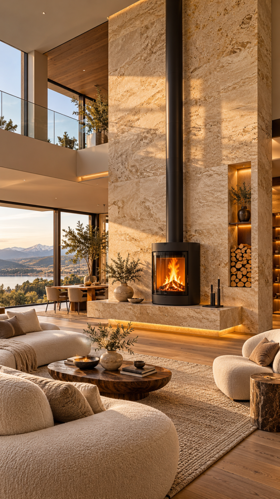 🥇 Platz 1 Kaminofen Wohnzimmer Ideen mit monolithischer Natursteinwand und schwebender Architektur