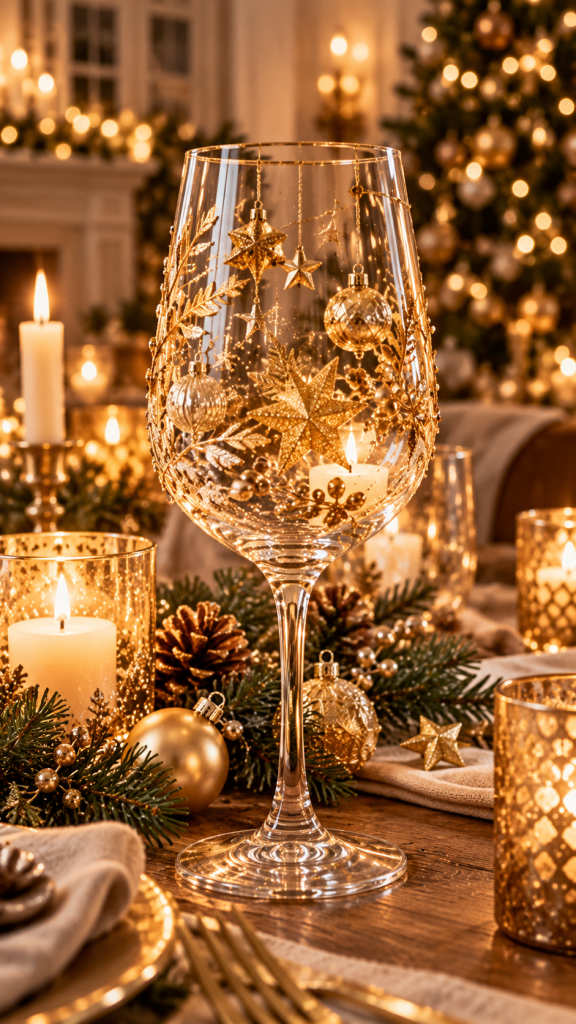 🥇 Platz 1 Weingläser weihnachtlich dekorieren mit eleganten Goldakzenten und warmem Kerzenlicht
