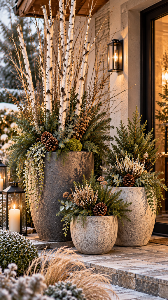 🥇 Platz 1 Winterdeko draußen mit skulpturalen Wintergefäßen und eleganten Birkenzweigen