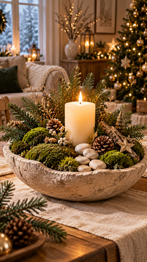 🥈 Platz 2 Adventsgestecke Ideen mit einer Kerze in einer natürlichen Moos und Steinschale