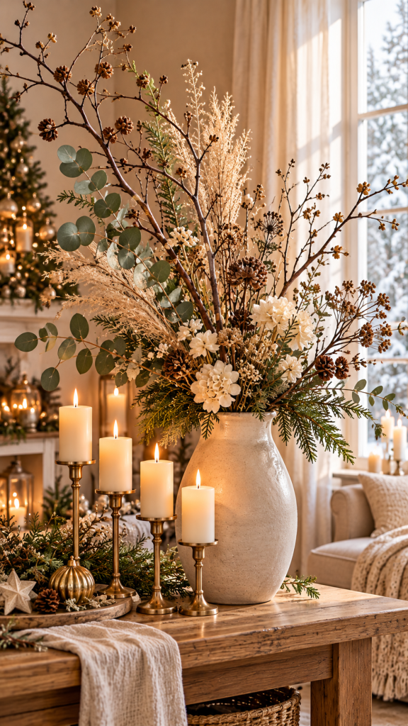 🥈 Platz 2 Adventsgestecke selber machen ohne Kranz mit asymmetrischen Winterzweigen in einer eleganten Keramikvase