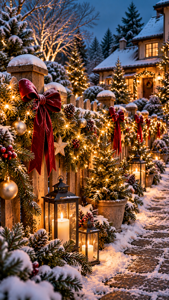 🥈 Platz 2 Außendeko Weihnachten mit festlich geschmückten Gartenzäunen und Lichterketten