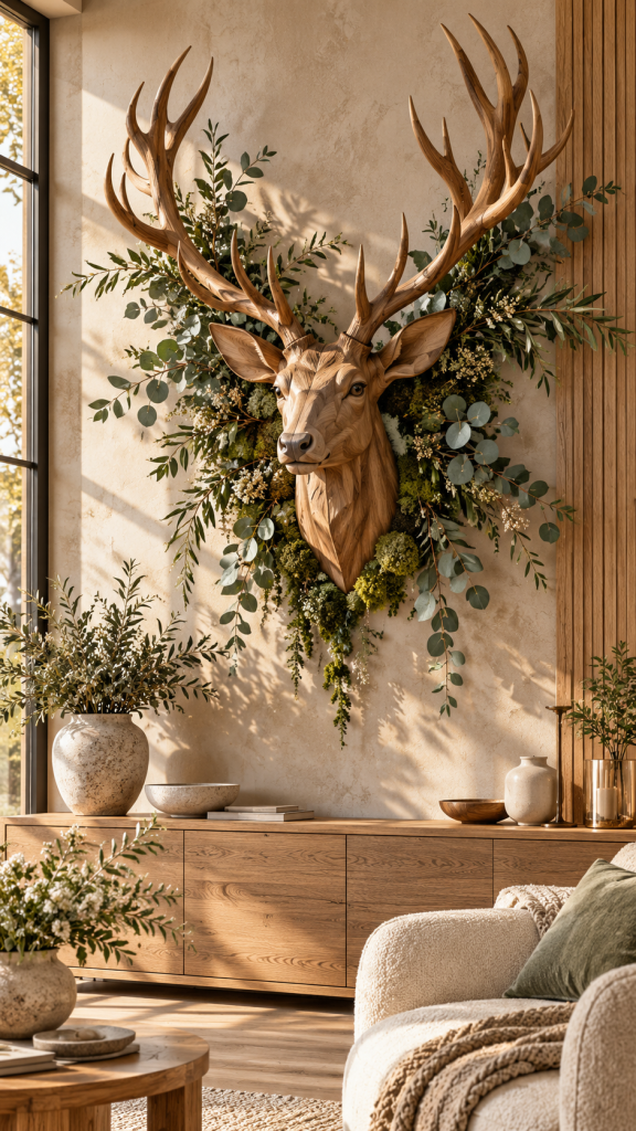🥈 Platz 2 Hirschkopf Deko als botanische Wandinstallation mit natürlicher Eleganz