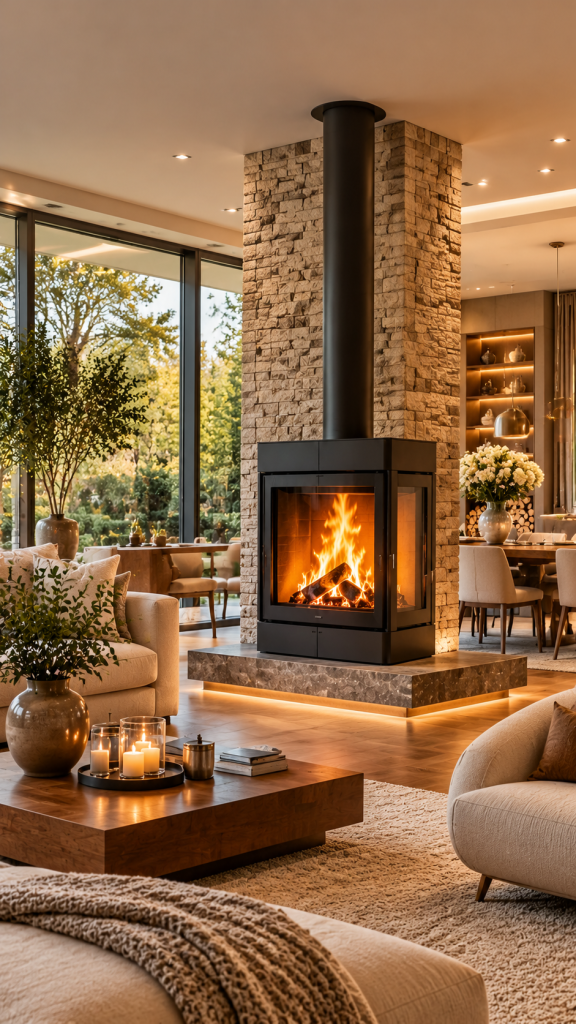 🥈 Platz 2 Kaminofen Wohnzimmer Ideen mit doppelseitiger Raumwirkung und eleganter Wohnzonierung