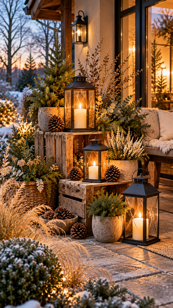 🥈 Platz 2 Winterdeko draußen für die Terrasse mit rustikalen Holzkisten und gemütlichen Lichtinseln