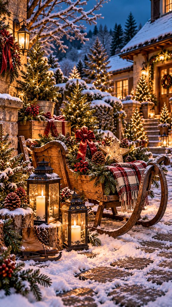 🥉 Platz 3 Außendeko Weihnachten mit nostalgischen Schlitten und einer zauberhaften Wintergartenszene