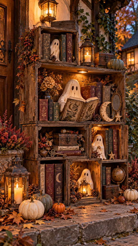 🥉 Platz 3 Halloween Außendeko aus Holz als rustikale Geisterbibliothek mit geheimnisvollen Holzkisten