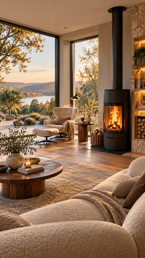 🥉 Platz 3 Kaminofen Wohnzimmer Ideen mit panoramischer Fensternische und gemütlicher Leselounge