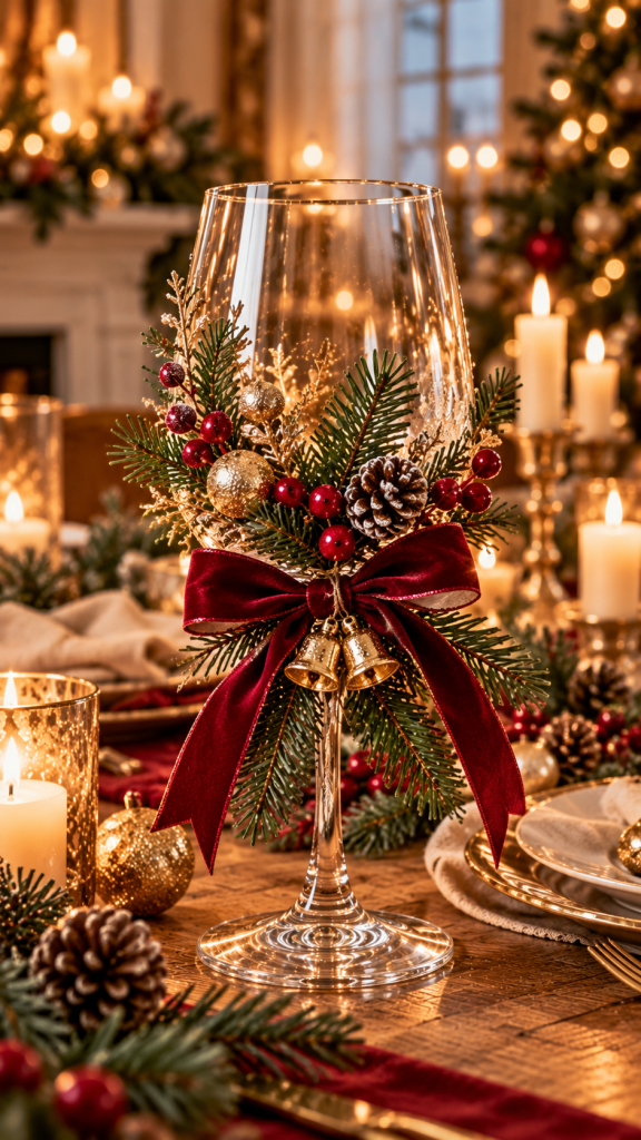 🥉 Platz 3 Weingläser weihnachtlich dekorieren mit Tannenzweigen und romantischen Schleifen