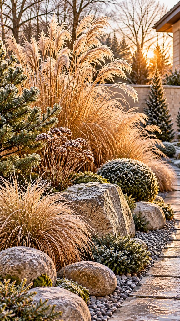 🥉 Platz 3 Winterdeko draußen im Garten mit frostigen Ziergräsern und dekorativen Natursteinen