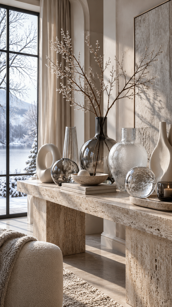 🥉 Platz 3 Winterdeko nach Weihnachten als moderne Frostgalerie mit Glas und skulpturalen Formen